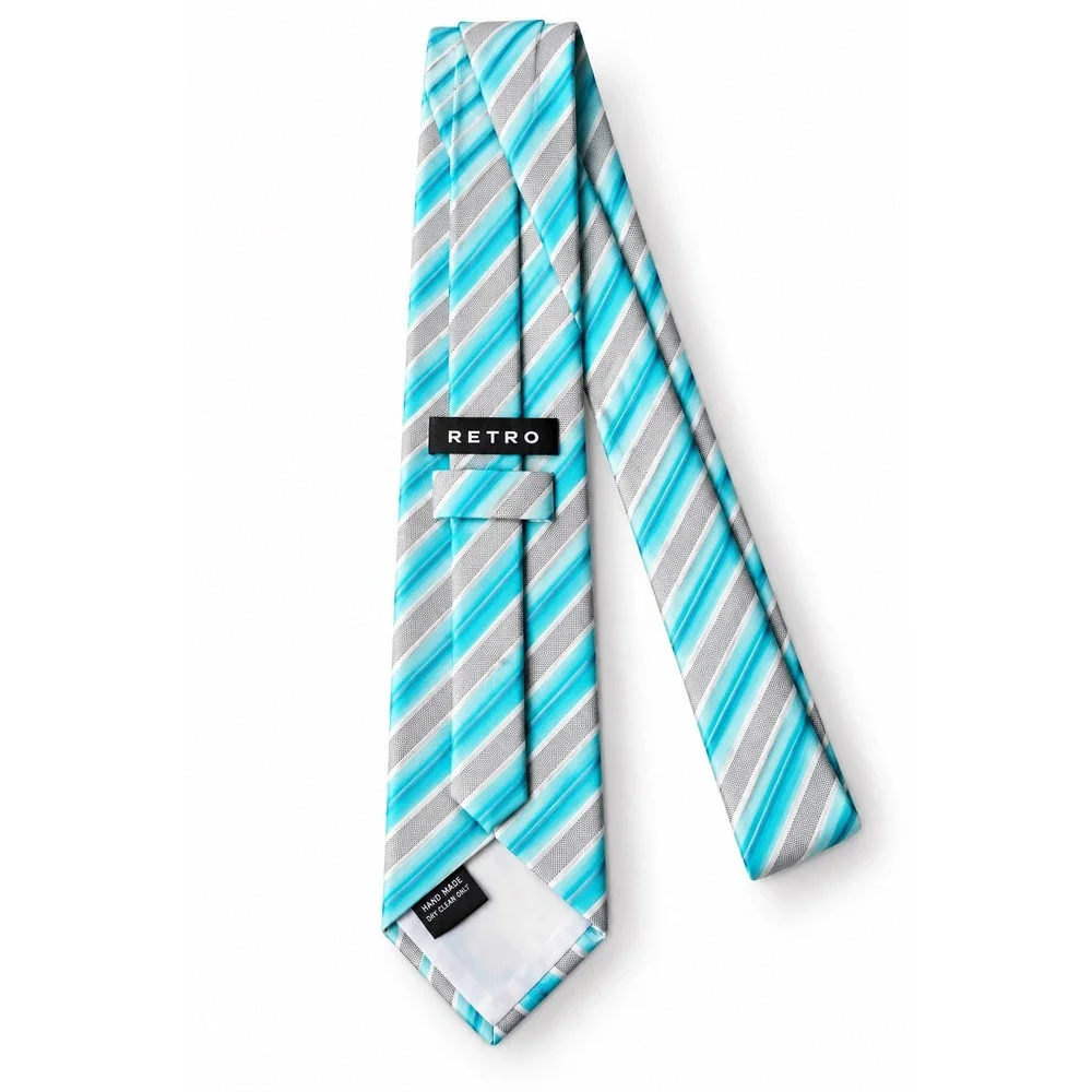 Retro Mens Necktie Turquoise Blue White Grey Striped Hand Made Formal Silk Feel